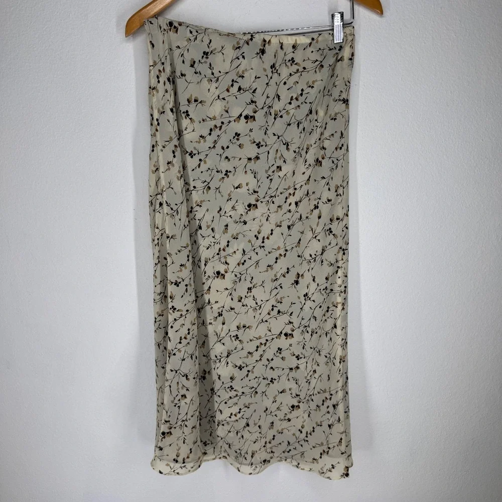 Vintage Floral Chiffon Midi Slip Skirt Brown Cream Reversible Large Flowy Earthy